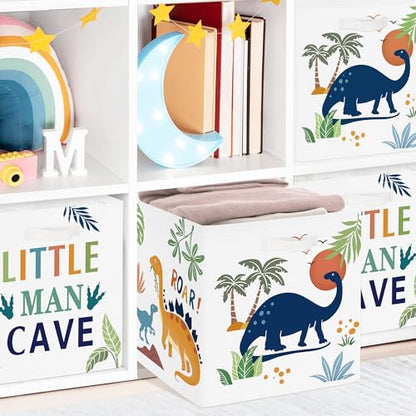 Clastyle 11.8" Dinosaur Storage Basket Set of 3 for Kid Boy Toy Clothes Bin | Collapsible Fabric Book Bin, Metal Frame Bottom Board, Cube Organizer, Closet Nursery Pantry Shelf Bedroom, Boho Dino Palm - color: Palms