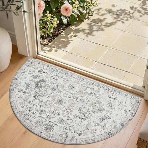 jinchan 2x3 Vintage Floral Half Round Rug, Washable Entryway Rug, Grey | Distressed Floral Design, Soft Low Pile Surface, Non Slip, Easy Care, Pet Friendly, Entryway Kitchen Sink Bathroom Vanity - color: Distressed Grey Multi, size: 1'9" x 3' (Semicircula