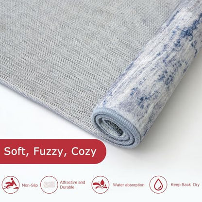 KOZYFLY ModernWashable Rug Runner 2x8 Hallway Runner Rug Grey-Blue | Non-Slip, Non-Shedding, Low Pile Soft, Abstract Striped, For Hall Kitchen Entryway Bathroom Laundry Bedroom Foyer - color: Blue-grey, size: 2' x 8' (Runner)