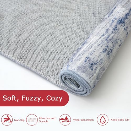 KOZYFLY Modern Abstract Washable Rug Runner 2.6x14 Hallway Rug Runner Non-Slip Soft Kitchen Runner Rugs, Grey-Blue Striped Carpet for Entryway Bathroom Laundry Room Foyer - color: Blue-grey, size: 2'8" x 14' (Runner)