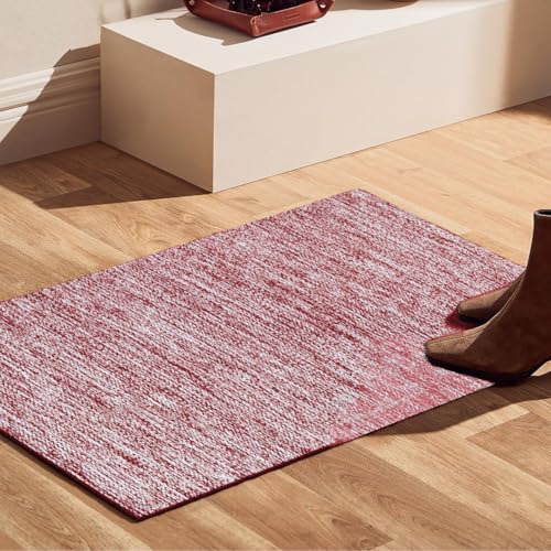 Hand Woven Area Rug 2x3 Feet - Rustic Farmhouse Bohemian Accent Rug for Living Room Bedroom Kitchen Entryway Floor Mats - Ideal for High Traffic Areas 100% Cotton Rag Rug Red - color: Red, size: 2' x 3' (Rectangular)