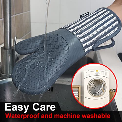 Alselo Silicone Oven Mitts Heat Resistant 932℉ with Waterproof & Non-Slip | Kitchen Mittens Set of 2,Extra Long 7.5"x15" Oven Gloves with Soft Cotton Terry Lining for Baking Cooking BBQ(Grey,2) - color: Gray
