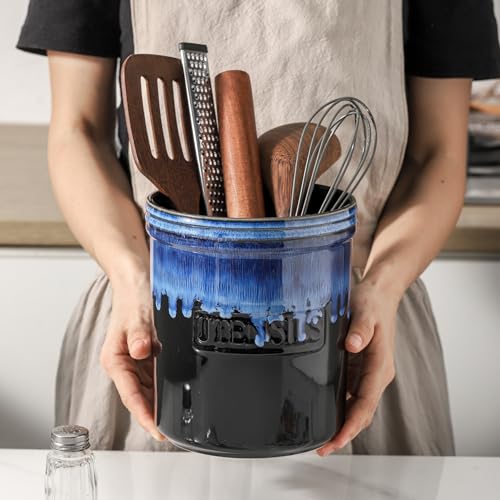 KOOV Cooking Utensil Holder, Large Ceramic Utensil Crock, Deep and Stable, Utensil Caddy for Countertop, Reactive Glaze (Nebula Blue) - color: Nebula Blue