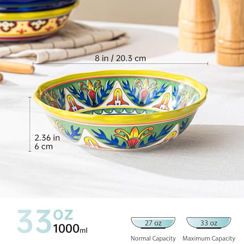 UNICASA Ceramic Pasta Bowls Set, 27 oz Cereal Bowls Set of 4, Porcelain Colorful Bowls for Salad, Soup, Noodle, Boho Style, Dishwasher & Microwave Safe