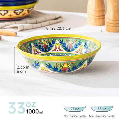 UNICASA Ceramic Pasta Bowls Set, 27 oz Cereal Bowls Set of 4, Porcelain Colorful Bowls for Salad, Soup, Noodle, Boho Style, Dishwasher & Microwave Safe