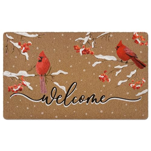 Winter Red Cardinal Welcome Door Mat, Christmas Holiday Bird Branch Artificial Coir Front Door Mat Indoor Outdoor Entrance, Snow Xmas Doormat Rug for Porch Entryway Patio Decor,17X30 Inch - color: Red-3