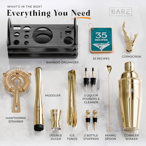 BARE BARREL® Mixology Bartender Kit Bar Set | 14-Piece Cocktail Shaker Set | Martini Barware Mixing Tools for Home Bartending | 35 Recipe Cards | Gift Set (24oz Cobbler Shaker, Gold/Black) - color: Gold/Black