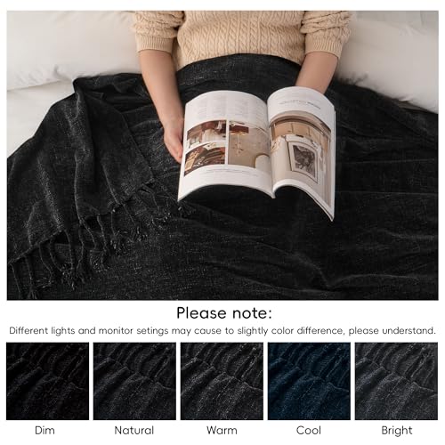 BATTILO HOME Black Chenille Throw Blanket, 50 x 60 Inches | Soft Chenille Knit with Handmade Fringe Tassels, Lightweight, Cozy and Less Prone to Tangling for Couch, Bed or Chair - color: Black