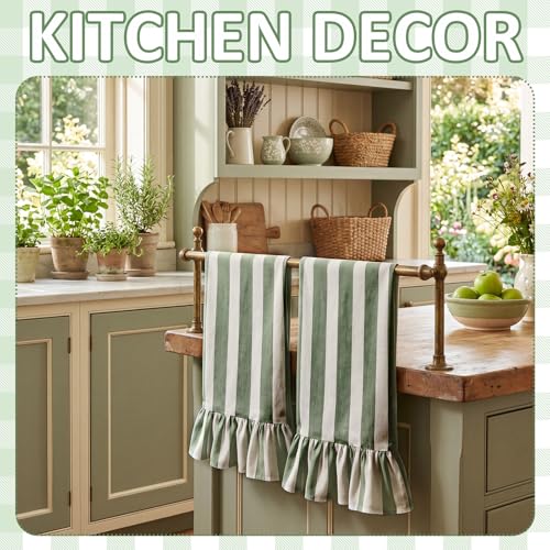 Sage Green Striped Kitchen Towels Set of 2, 100% Cotton Ruffled Striped Dish Towels 18"x31" Absorbent Tea Cloths Classic Pattern for Farmhouse Charm, Drying Dishes, Entertaining Guests - color: Green
