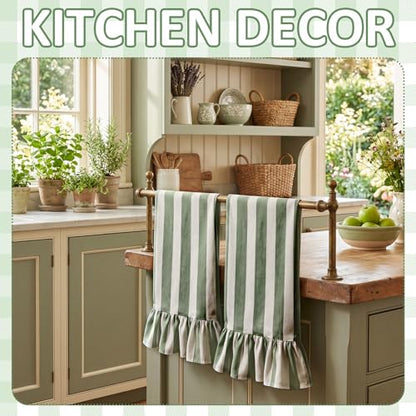 Sage Green Striped Kitchen Towels Set of 2, 100% Cotton Ruffled Striped Dish Towels 18"x31" Absorbent Tea Cloths Classic Pattern for Farmhouse Charm, Drying Dishes, Entertaining Guests - color: Green