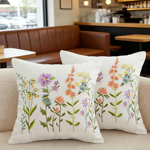 Embroidered Pillow Cover -18x18 Zipper Decorative Pillowcase, Cute Style Comfortable Pillowcase, Suitable for Living Room Sofa Bed, Flower and Plant Style (Floral and Bird, 18 * 18 inch) - color: Floral and Bird