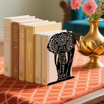 5.3"x4.3"x7.9" Metal Bookends, Heavy Duty Book Ends for Shelves | Mandala Elephant Theme Cast Iron Book Supports, 1 Pair Decor Stoppers for Desk, Library, Office & Home Shelves - style: Mandala Elephant