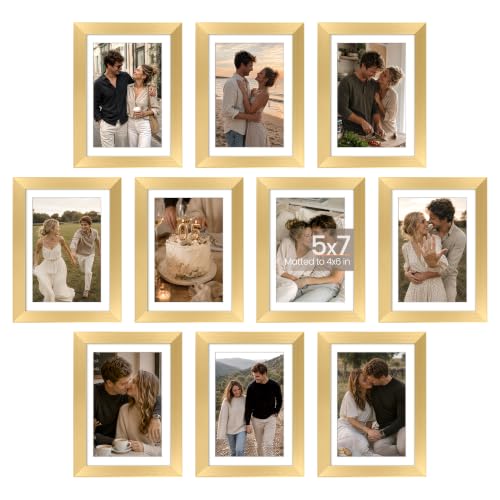 upsimples 5x7 Picture Frame Set of 10, Display Pictures 4x6 with Mat or 5x7 Without, Multi Photo Frames Collage for Wall or Tabletop Display, Gold | Fit 4x6 and 5 x 7 Photos, Wall or Tabletop Display, For Gallery Hallway Living Room, For Christmas Mother'