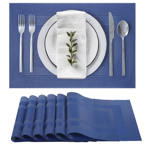 Blue Placemats Set of 6 Resistant Wipeable Washable Indoor/Outdoor Place Mats Non-Slip Easy to Clean Durable Kitchen PVC Table Mats Set of 6 for Dining Table, Patio Table, 12"x18" - color: Blue