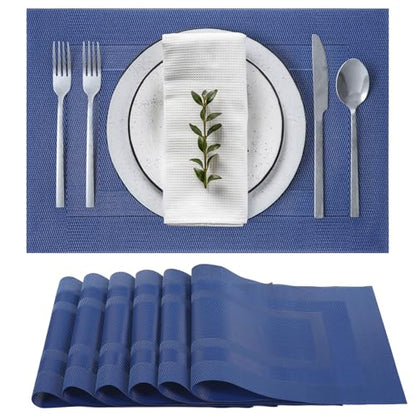 Blue Placemats Set of 6 Resistant Wipeable Washable Indoor/Outdoor Place Mats Non-Slip Easy to Clean Durable Kitchen PVC Table Mats Set of 6 for Dining Table, Patio Table, 12"x18" - color: Blue