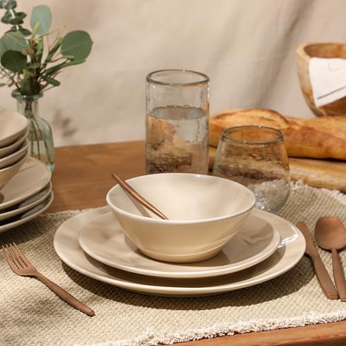 Two Time Oprah's Favorite Things Winner - Montecito Breeze 16 Piece (Service for 4) Double Plates and Bowls Stoneware Reactive Glaze Dinnerware Set - Marble Dawn Cream - color: Marble Dawn Cream