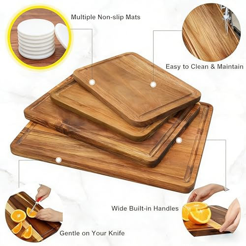 Large Solid Acacia Wooden Chopping Board Set of 4 for Kitchen | FSC-certified Wood Cutting Board Set of 4(16x12, 14x10, Double 11x8 inch)Juice Groove,Handles,Non-slip Mats,Thick,Reversible - size: 16"L x 12"W