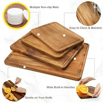Large Solid Acacia Wooden Chopping Board Set of 4 for Kitchen | FSC-certified Wood Cutting Board Set of 4(16x12, 14x10, Double 11x8 inch)Juice Groove,Handles,Non-slip Mats,Thick,Reversible - size: 16"L x 12"W