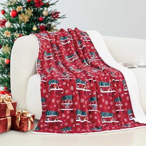Elegant Comfort Reversible and Ultra-Plush Flannel Fleece-Winter Christmas Sherpa Throw- Lightweight Soft and Cozy-Holiday Decorative Throw, Perfect for Lounging, 50 x 60 inches, Christmas Tree Car - color: Christmas Tree Car, size: 50 X 60