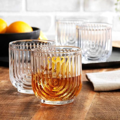 Glaver's 16-Piece Drinking Glass Set, Art Deco Ribbed Arch Design, Clear U-Shape Glassware, 17oz Highball and 11oz DOF Glasses - style: Clear S/16 17oz 11oz