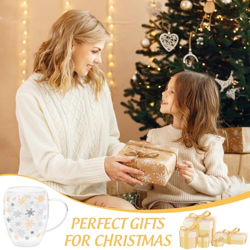 JarThenaAMCS Christmas Double Wall Glass Coffee Mugs 12Oz Gold Silver Snowflake Insulated Glasses Clear Espresso Cups with Handle for Winter Xmas Holiday Supplies, Set of 2 - style: Gold Silver Snowflake