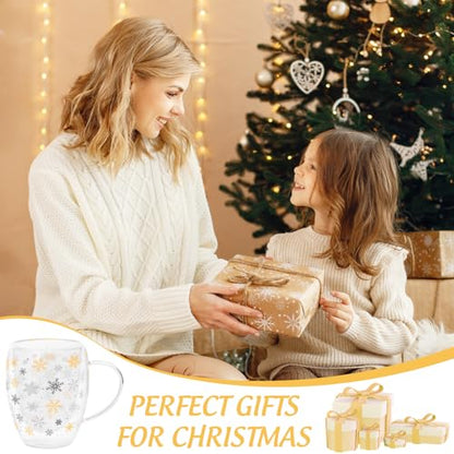 JarThenaAMCS Christmas Double Wall Glass Coffee Mugs 12Oz Gold Silver Snowflake Insulated Glasses Clear Espresso Cups with Handle for Winter Xmas Holiday Supplies, Set of 2 - style: Gold Silver Snowflake
