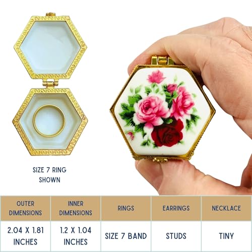 Tiny Hexagon Porcelain Trinket Box | Pink Rose Bouquet | French Style Gift Box with Velvet Bag - style: Pink Rose Bouquet Hexagon