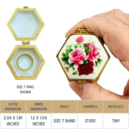 Tiny Hexagon Porcelain Trinket Box | Pink Rose Bouquet | French Style Gift Box with Velvet Bag - style: Pink Rose Bouquet Hexagon