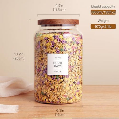 CZHQSMZ Set of 2 Large Glass Flour and Sugar Containers with 132 Pantry Labels - Glass Food Storage Jars with Airtight Bamboo Lid for Flour Pasta Candy Coffee Cookie and More(1 Gallon/4000 ml) - color: 4000ml