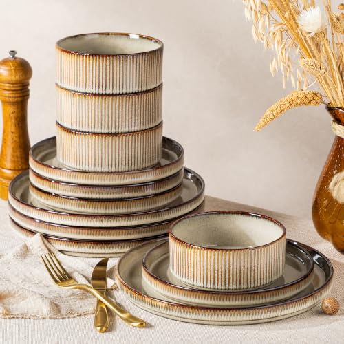 GBHOME Stoneware Dinnerware Sets for 4, 12 Pieces Plates and Bowls Set | Lightweight Ceramic Ribbed Dishes, Reactive Glaze Stackable Plate Set, Scratch Resistant, Microwave & Dishwasher Safe - color: Driftwood Taupe