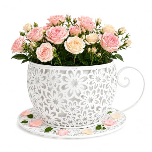 Coffee Cup Planter Pot Metal Teacup Flower Pot for Indoor Outdoor Garden Patio Decor, Vintage Hollow Floral Pattern with Saucer and Handle, Stable 10 Inch Wide Base, White - color: White