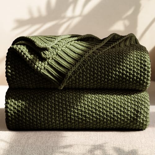 100% Cotton Cable Knit Throw Blanket, Large Lightweight Soft Knit Blanket for Sofa Couch Bed, Breathable All-Season Throw, Cozy Decorative Blanket, 60 x 80 Inch,Olive Green - color: Olive Green, size: Twin(60" X 80")