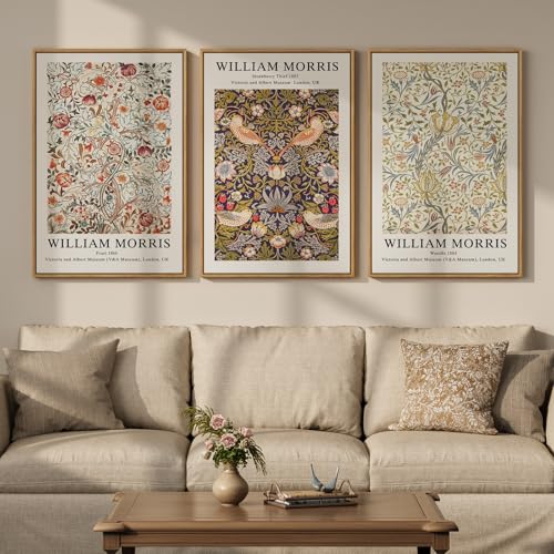 Large Framed William Morris Wall Art Set of 3, Vintage Strawberry Thief Canvas Artwork for Walls, Rustic Botanical Floral Art Prints for Living Room, Bedroom, Dining Room, Hallway, Office Wall Decor, Total Size 30x60 In - color: Red, size: 20"W x 30" H x
