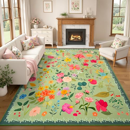 ISEAU 6x9 Area Rug for Living Room,Washable Rugs for Bedroom Dorm, Green | Floral Rugs with Non-Slip Botton, Low-Pile Indoor Carpet for Bedroom Kids Playroom Nursery Office Dining Room Dorm Decor - color: Green, size: 6ftx9ft