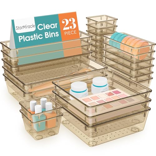 23 PCS Drawer Organizer Set, 5 Size Bathroom and kitchen organizer Trays | Bathroom and kitchen Drawer cabinet organizer Trays, Clear Storage Bins for Makeup, Jewelry, Utensils and Gadgets - color: Champagne, size: 23 PCS