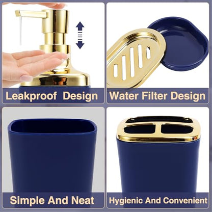 Bathroom Sets with Shower Curtain and Rugs Bathroom Accessories Set Navy Blue Bathroom Set,Soap Dispenser & Toilet Brush Holder Set with Stainless Steel Trash Can(23 PCS) - size: Navy Blue, style: Bath Set+Ombre Waffle Shower Curtain+Bath Rugs