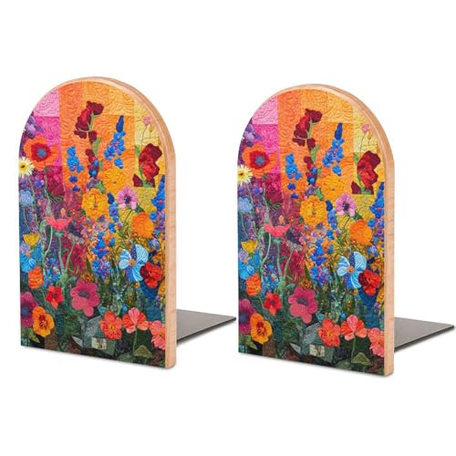Colorful Garden Wooden Bookends Shelves 2 PCS Natural Minimalist Abstract Sturdy Book Holders Desktop Organizer for Home Office Libraries - color: Color-1