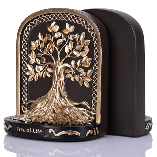 Tree of Life Bookends Set, 2 Heavyweight Bookends, Black and Gold Finish, Perfect for Bookshelves and Bookcases, Ideal for Office, Library, or Living Room Coffee Table Decor. - color: A-bg