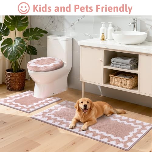 Findosom Bathroom Rugs Sets 3 Piece, Absorbent Soft Non-Slip Bath Rug Set | Washable Microfiber Shaggy Scalloped Bath Mat Set with Bathroom Runner Rug, U-Shaped Toilet Rugs, Shower Rug, Pink - color: Pink & White, size: 18"x26"+18"x48"+U 20"x24"