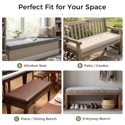 Custom Bench Cushion, Made-to-Order Custom Size Window Seat Cushion, High Density Foam, Waterproof for Indoor & Outdoor Use, Removable Washable Cover, Non-Slip Bottom with Ties