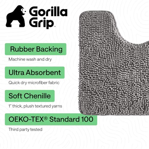 GORILLA GRIP Area Rug Sets 3 Piece, Bath Mat Set and Oval Toilet Base with Rubber Backing, Plush Absorbent Shaggy Chenille Washable Mats, Includes 24x19.5, 24x17 and 30x20 Inch Rugs, Grey - color: Grey, style: 24"x19.5" + 24"x17" + 30"x20" - 3 Pack