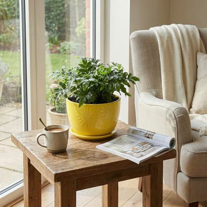 MyGift 7 Inch Yellow Ceramic Planter Pot with Sunburst Design & Saucer | Bright tabletop planter features a textured geometric finish & built-in water tray, perfect for herbs, flowers, and greenery - color: Yellow
