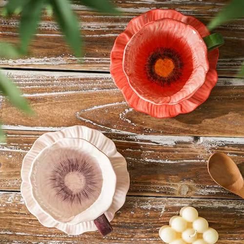 10 oz Tea Cups and Saucers, Hand-Painted Ceramic Flower-Shaped Coffee Cup | Saucer Set, Microwave & Dishwasher Safe, Elegant Floral Cup Set Gift for Women - color: Pink