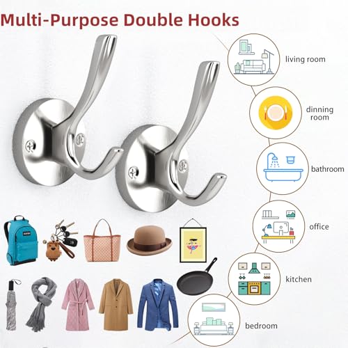 Towel Hooks for Bathrooms Silver Wall Hooks 2 Pack Brushed Nickel Coat Hooks Heavy Duty Towel Wall Hooks for Coats Robes Hats Bath Entryway Cubicle Kitchen Screw in Brushed Nickel Towel Hooks - color: Silver
