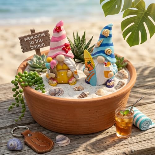 Cute 2 PCS Gnomes Statues Decor, Resin Figurines and Sculpture Décor, for Indoor Outdoor Yard Lawn Garden Home Patio Farmhouse Kitchen Table Decoration(Icecream and Surfing) - style: Surfboard-and-Ice-Cream-Holding