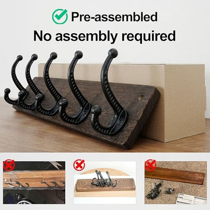 WEBI Rustic Coat Rack Wall Mount,5 Cast Iron Coat Hooks Wall Mounted,Heavy Duty Wood Wall Coat Hanger Hooks for Hanging Coats,Jacket,Clothes,Backpack,Farmhouse,Weathered Brown - color: Weathered Brown, size: 17 Inch