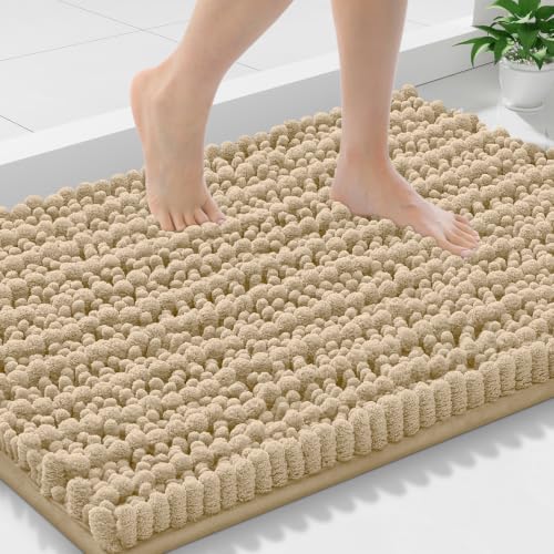 Smiry Bathroom Rugs 30X18, Extra Soft Rubber Backing Chenille Bath Mats | Beige Machine Washable Non Slip Quick Dry Bath Mats for Bathroom Floor, Tub, Shower, Home Decor Accessories - color: Beige, size: 30'' X 18''