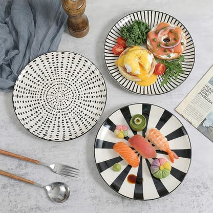 Ceramic Dessert Plates 8 Inch - Salad Appetizer Plate Set of 6 - Modern Japanese Style - Dishwasher and Microwave Safe - Black and White - size: 8 inch