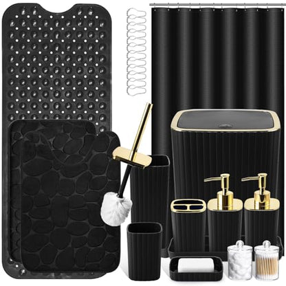XLHOMO 26PC Bathroom Accessories Set - Gorgeous Black Bathroom Set, Bathroom Accessory Set, Black Shower Curtain Set with Bathtub Mats for Shower Tub - size: Bath Set+Bathtub Mat+Shower Curtain&Rugs, style: Black&Gold