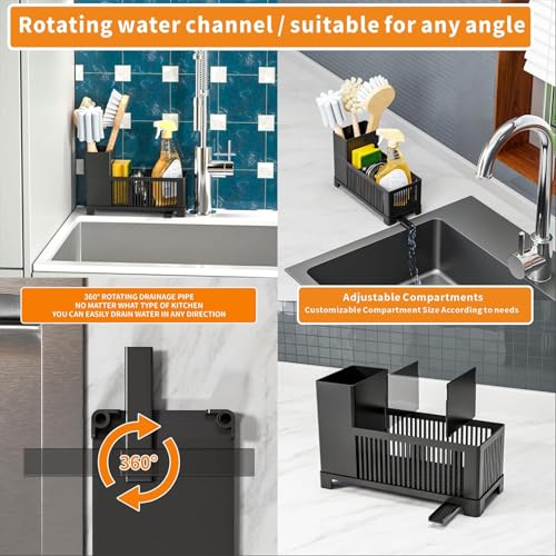 Sink Caddy & Kitchen Sink Organizer,Black Sponge Holder with High Scrub Brush Holder,Plastic Kitchen Countertop Organizer,Multifunctional Sponge Drain Rack,Dish Soap,Dish Sponge Holder,Soap Dispenser - color: Black